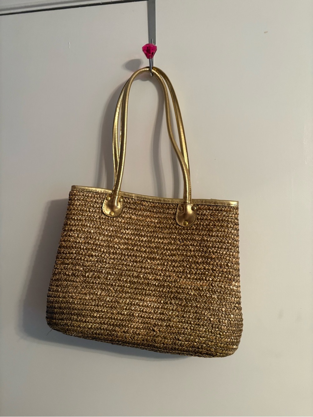 Gold Woven Tote Bag with Metallic Handles